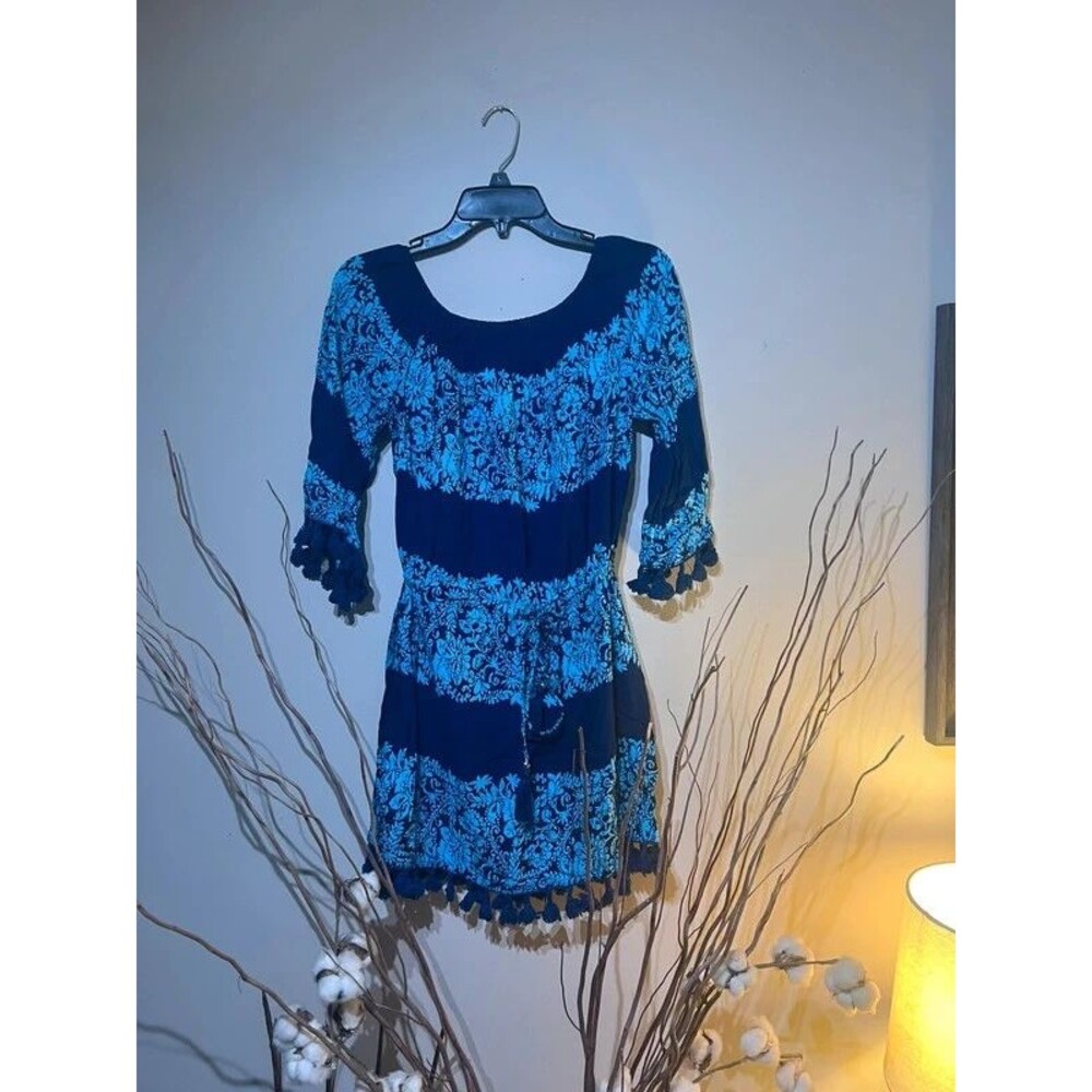 Teal/Navy Boho print Tunic dress with pom pom trim